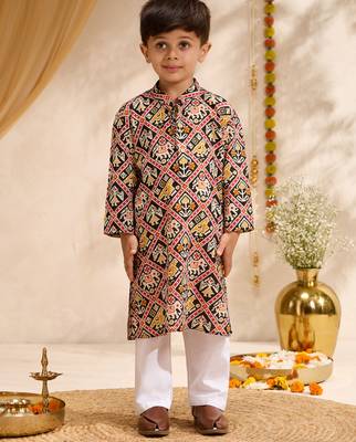 Boys black cotton patola print kurta pyjama set 3