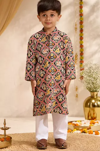 Boys black cotton patola print kurta pyjama set