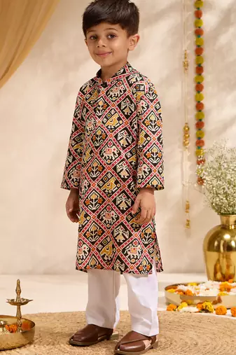 Boys black cotton patola print kurta pyjama set