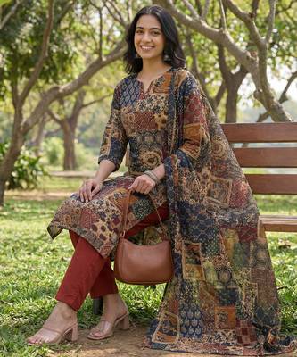 multi straight ethnic motifs print kurta trouser dupatta set 1