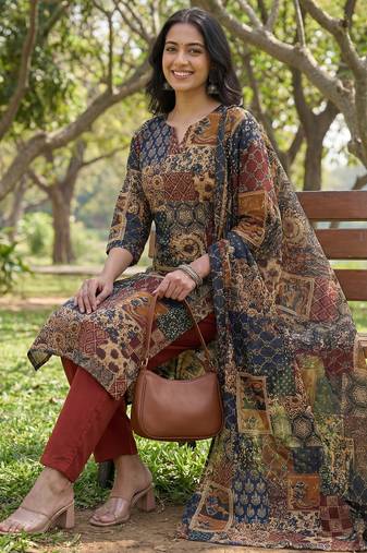 multi straight ethnic motifs print kurta trouser dupatta set