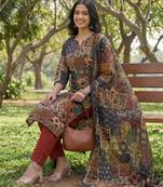 multi straight ethnic motifs print kurta trouser dupatta set