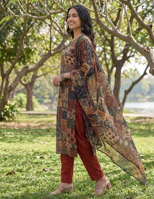 multi straight ethnic motifs print kurta trouser dupatta set 2