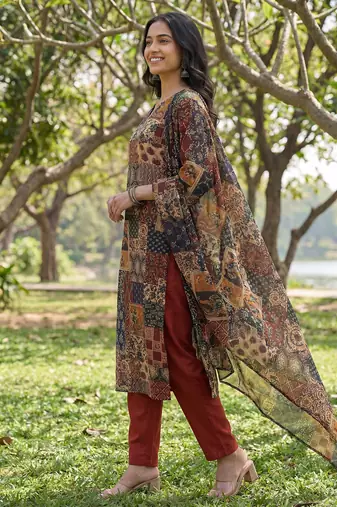 multi straight ethnic motifs print kurta trouser dupatta set