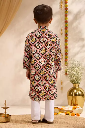 Boys black cotton patola print kurta pyjama set