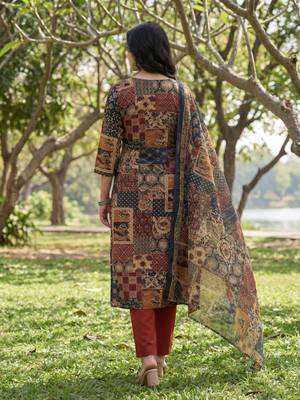 multi straight ethnic motifs print kurta trouser dupatta set 3