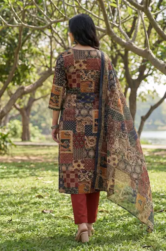 multi straight ethnic motifs print kurta trouser dupatta set
