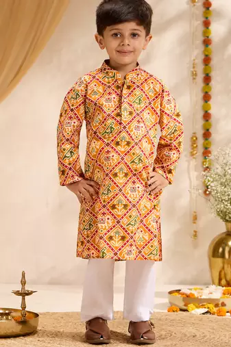 Boys mustard cotton patola print kurta pyjama set