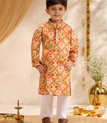 Boys mustard cotton patola print kurta pyjama set