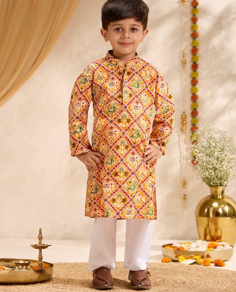 Boys mustard cotton patola print kurta pyjama set