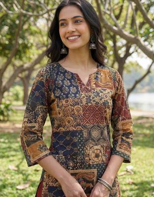 multi straight ethnic motifs print kurta trouser dupatta set 4