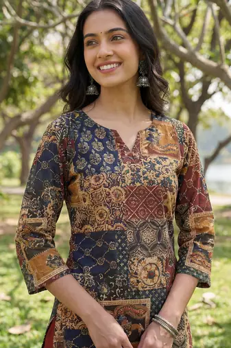 multi straight ethnic motifs print kurta trouser dupatta set