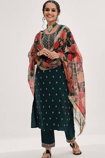 Green Ethnic Motifs Embroidered Sequinned Straight Kurta & Trousers With Dupatta
