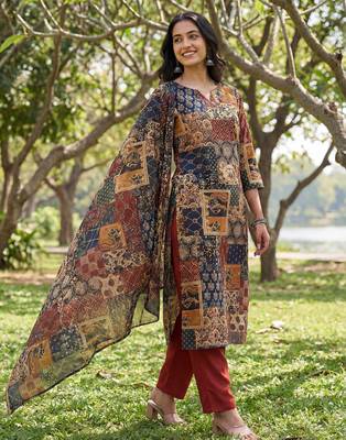 multi straight ethnic motifs print kurta trouser dupatta set 5