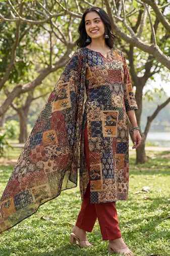 multi straight ethnic motifs print kurta trouser dupatta set