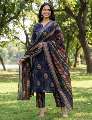 Yufta blue cotton straight floral print kurta trouser dupatta set 1