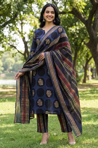 Yufta blue cotton straight floral print kurta trouser dupatta set