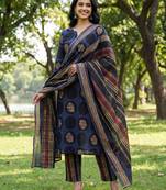 Yufta blue cotton straight floral print kurta trouser dupatta set