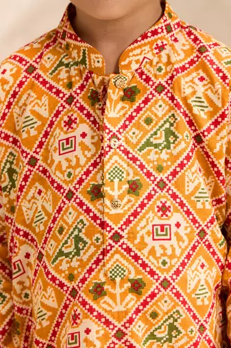 Boys mustard cotton patola print kurta pyjama set
