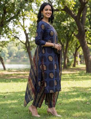 Yufta blue cotton straight floral print kurta trouser dupatta set 2