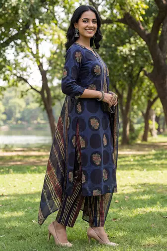 Yufta blue cotton straight floral print kurta trouser dupatta set