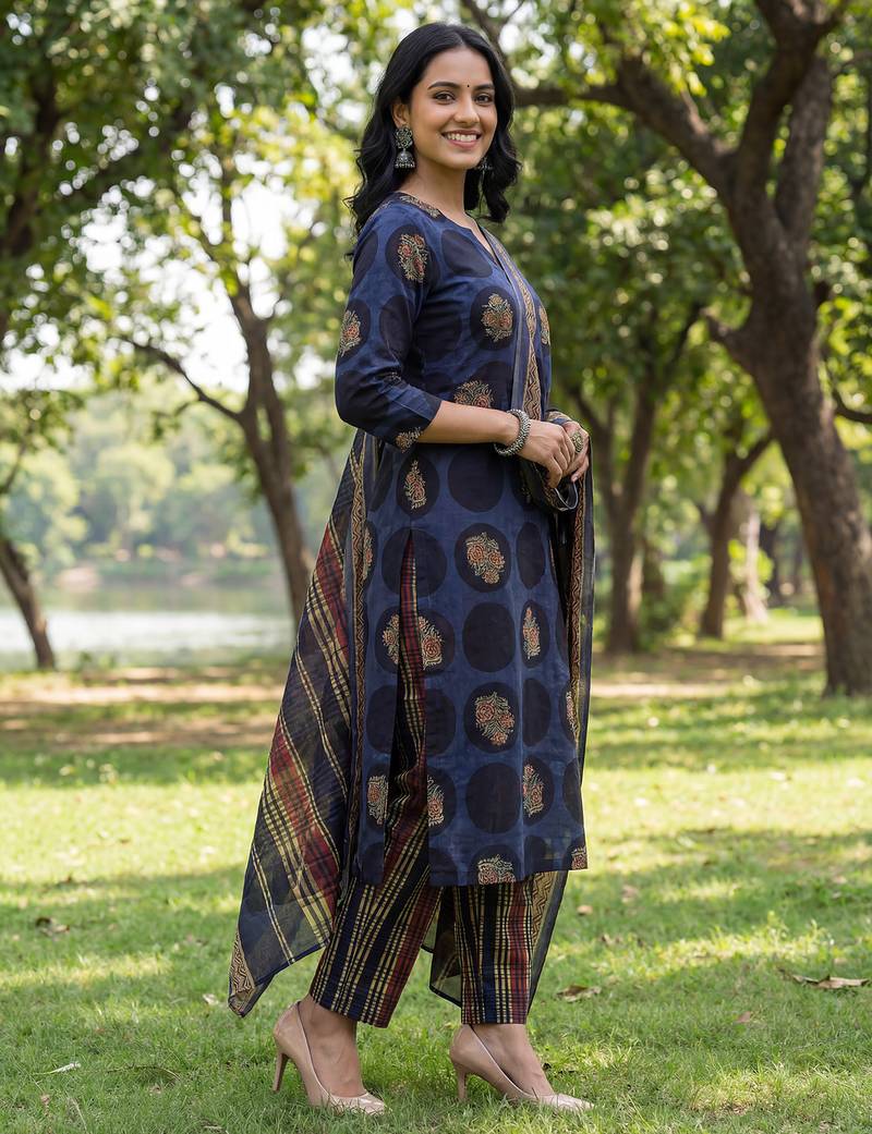 Yufta blue cotton straight floral print kurta trouser dupatta set