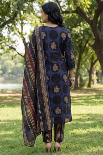 Yufta blue cotton straight floral print kurta trouser dupatta set