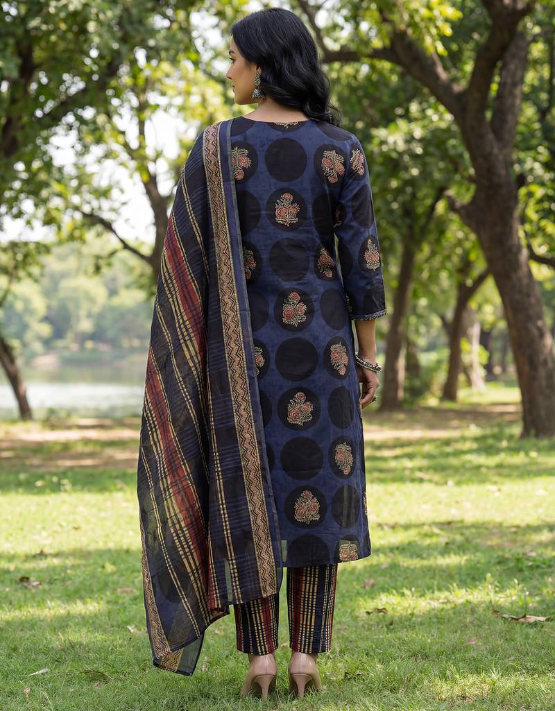 Yufta blue cotton straight floral print kurta trouser dupatta set