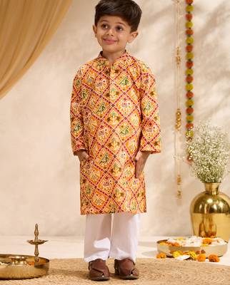 Boys mustard cotton patola print kurta pyjama set 3