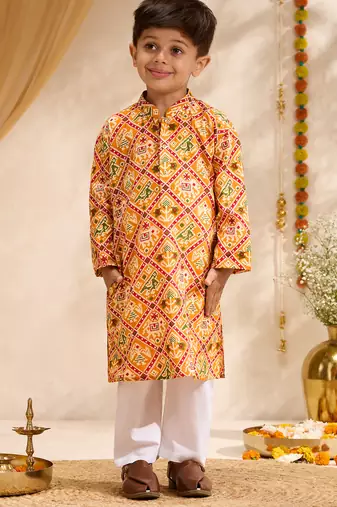 Boys mustard cotton patola print kurta pyjama set