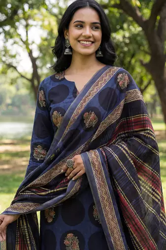 Yufta blue cotton straight floral print kurta trouser dupatta set