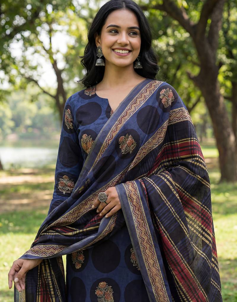 Yufta blue cotton straight floral print kurta trouser dupatta set
