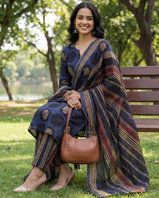 Yufta blue cotton straight floral print kurta trouser dupatta set 5