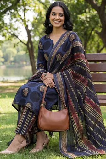 Yufta blue cotton straight floral print kurta trouser dupatta set