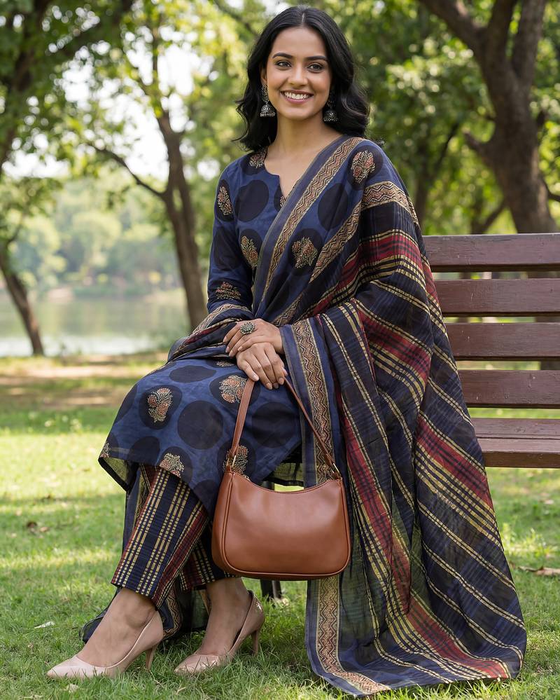Yufta blue cotton straight floral print kurta trouser dupatta set