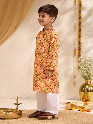 Boys mustard cotton patola print kurta pyjama set 4