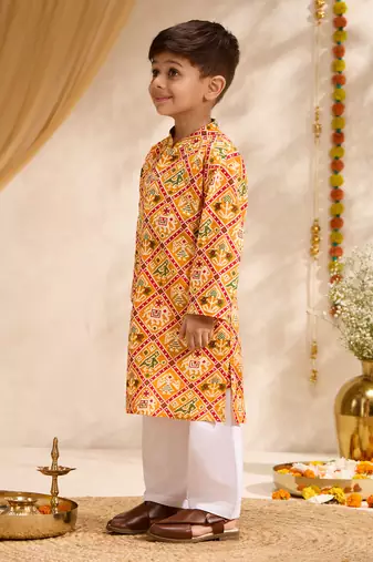 Boys mustard cotton patola print kurta pyjama set