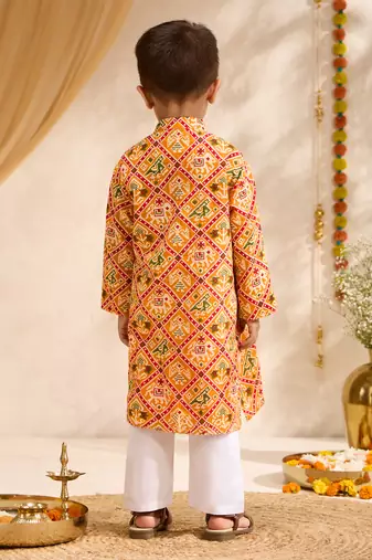 Boys mustard cotton patola print kurta pyjama set