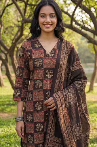 black straight geometric print kurta trouser dupatta set