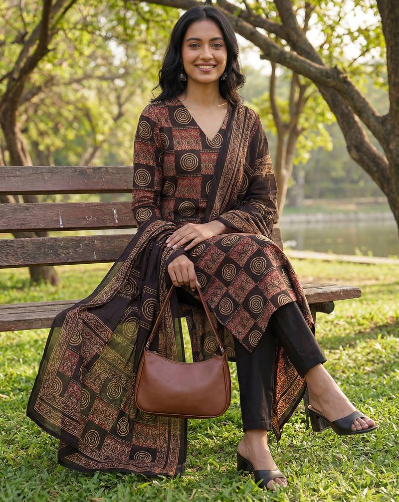 black straight geometric print kurta trouser dupatta set