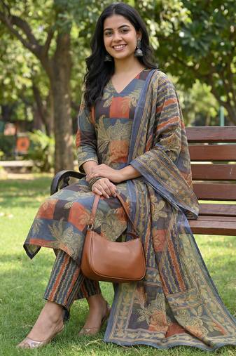 multi straight floral geometric print kurta trouser dupatta set