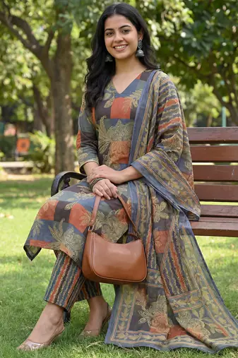multi straight floral geometric print kurta trouser dupatta set