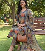 multi straight floral geometric print kurta trouser dupatta set
