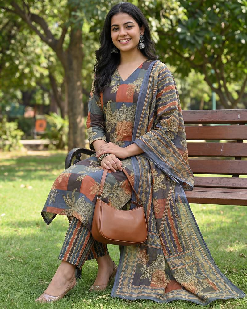 multi straight floral geometric print kurta trouser dupatta set