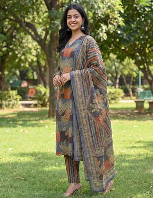 multi straight floral geometric print kurta trouser dupatta set 2