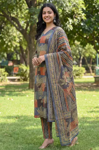 multi straight floral geometric print kurta trouser dupatta set