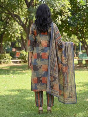 multi straight floral geometric print kurta trouser dupatta set 3
