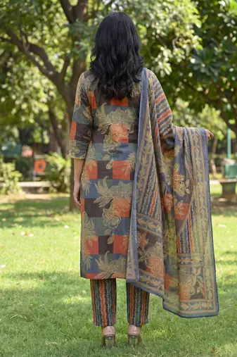 multi straight floral geometric print kurta trouser dupatta set