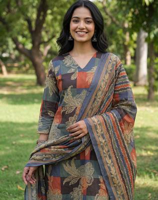 multi straight floral geometric print kurta trouser dupatta set 4