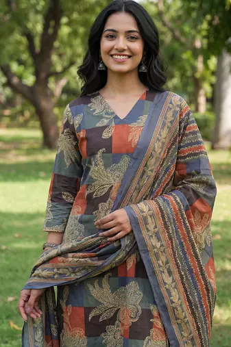 multi straight floral geometric print kurta trouser dupatta set
